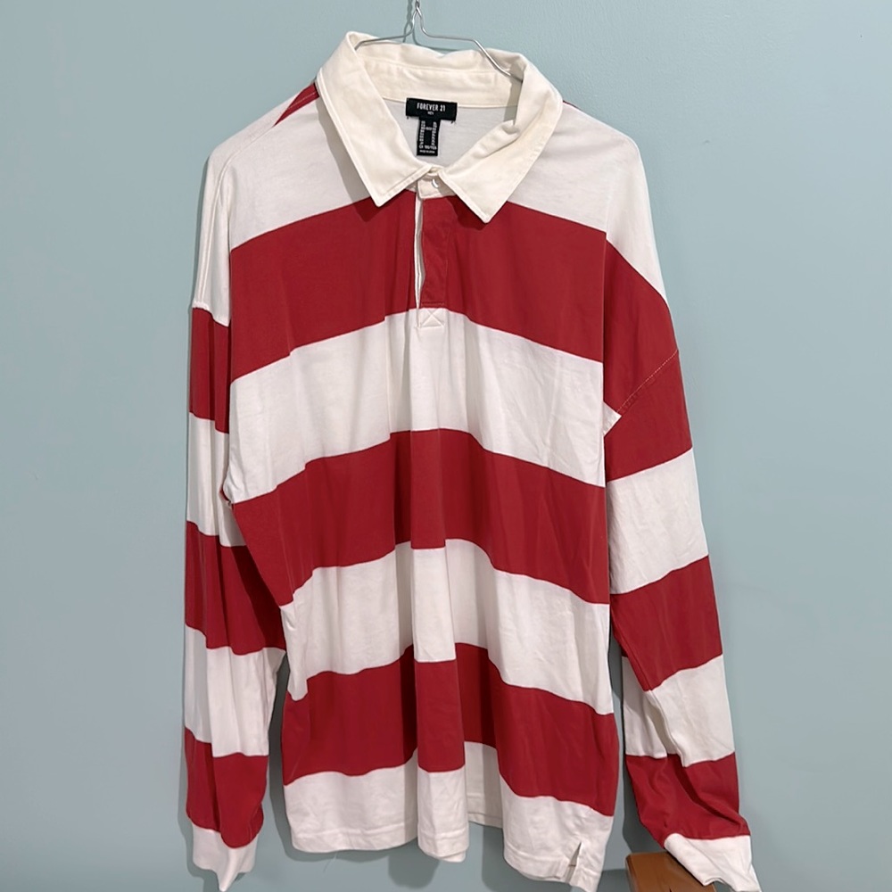 Red and white striped collared long sleeve shirt. Men’s XL Forever 21